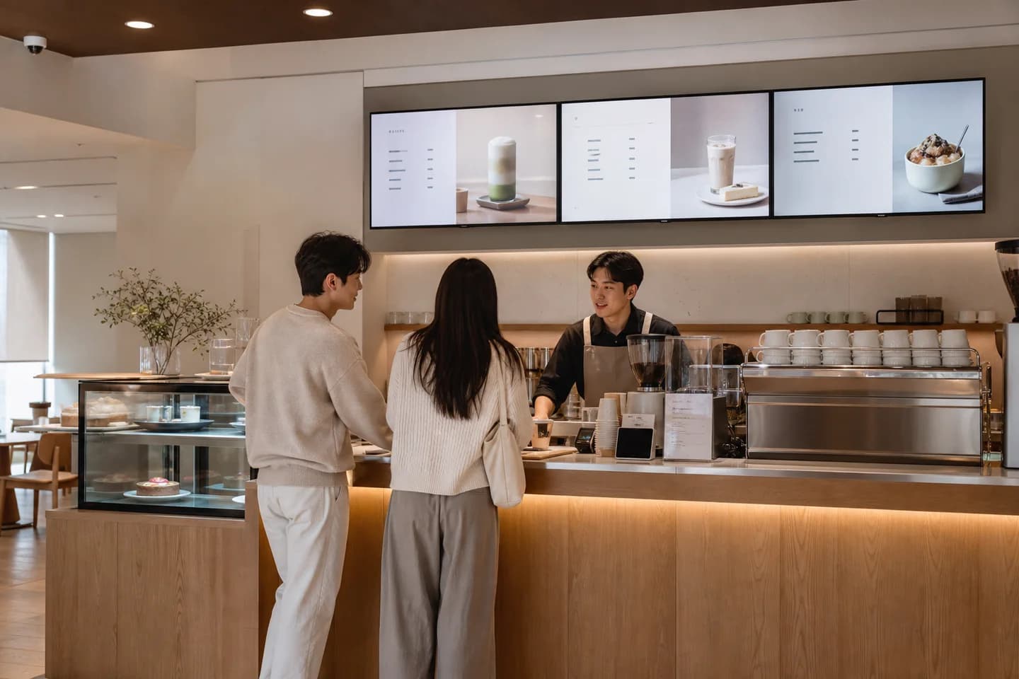 한국 카페 카운터에 설치된 디지털 메뉴보드 사이니지 화면