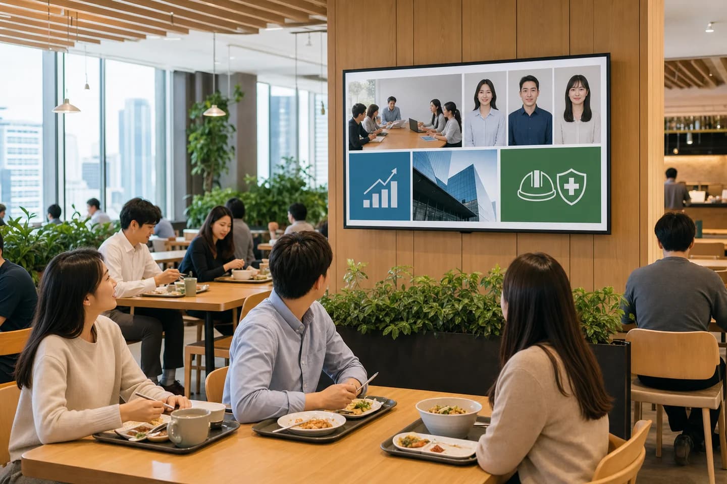 한국 대기업 사내 카페테리아에 설치된 사내 커뮤니케이션 사이니지 사이니지 화면